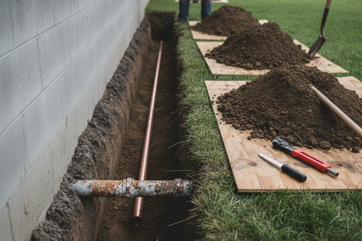 Excavated water line trench during Sewer Line Repair in Spirit Lake
